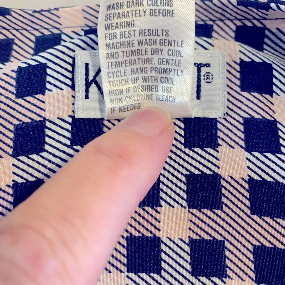 Koret Vintage Geometric Blouse Size 10 Blue White Check Long Sleeve Work Top